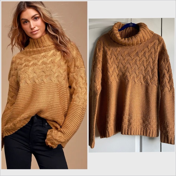 Lulus Sweaters - Lulus Adoring Heart Camel Knit Turtleneck Sweater